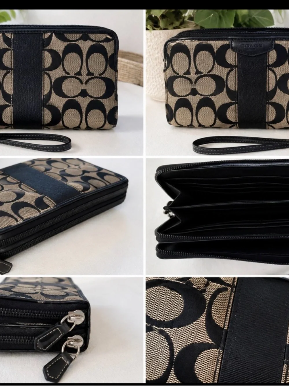 Coach Signature C Double Zip Wallet Wristlet Black & Tan
